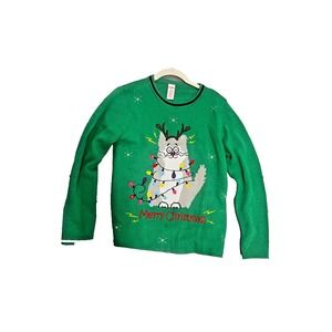 Merry Christmas cat Christmas light holiday time sweater size Small Needs Batter